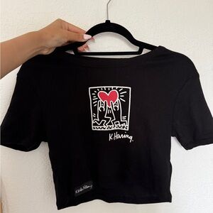 Keith Haring Black Graphic Crop T-Shirt with Red Heart